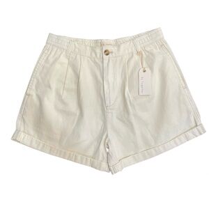 100% Cotton Women's Cream Pleated Shorts cuffed hems, pockets front and back